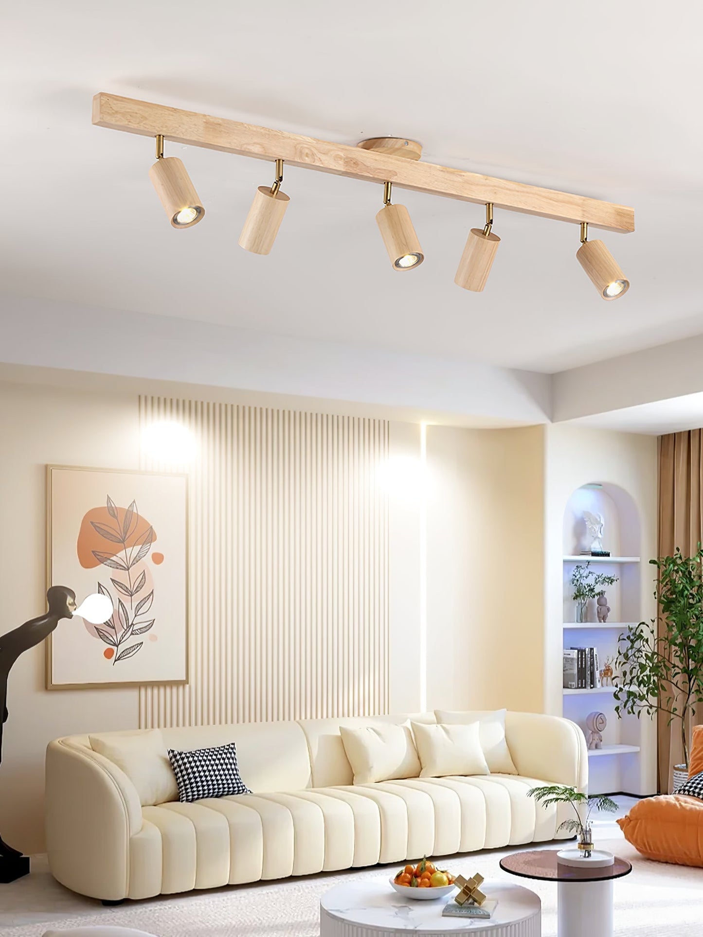 Ceiling Spotlight Track Light Scandinavian with Rotatable Wood Heads and E27 Fitting