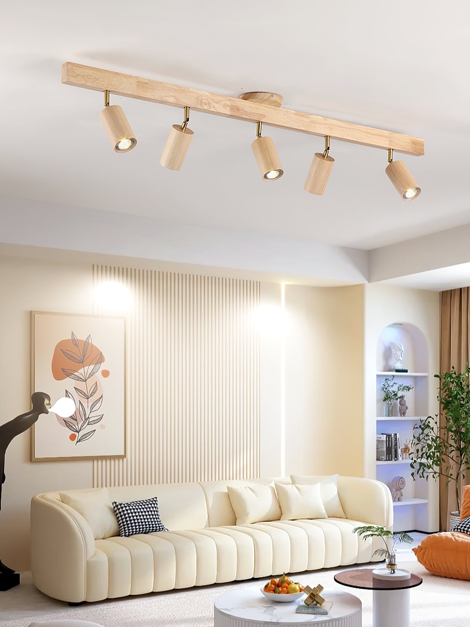Ceiling Spotlight Track Light Scandinavian with Rotatable Wood Heads and E27 Fitting