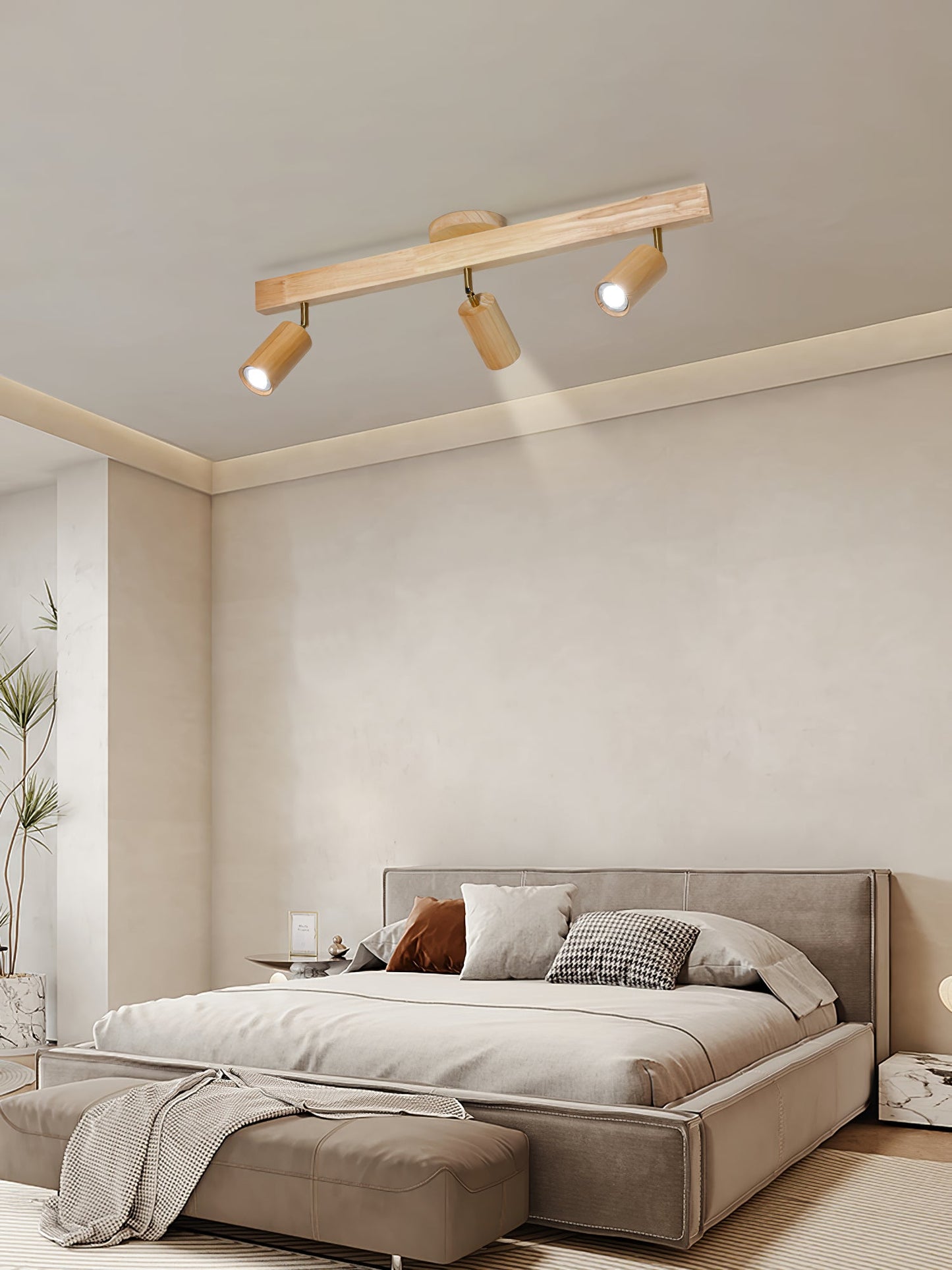 Ceiling Spotlight Track Light Scandinavian with Rotatable Wood Heads and E27 Fitting
