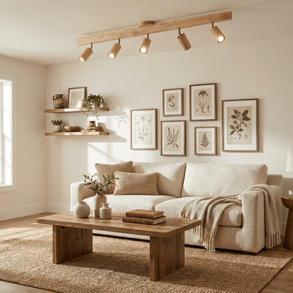 Ceiling Spotlight Track Light Scandinavian with Rotatable Wood Heads and E27 Fitting