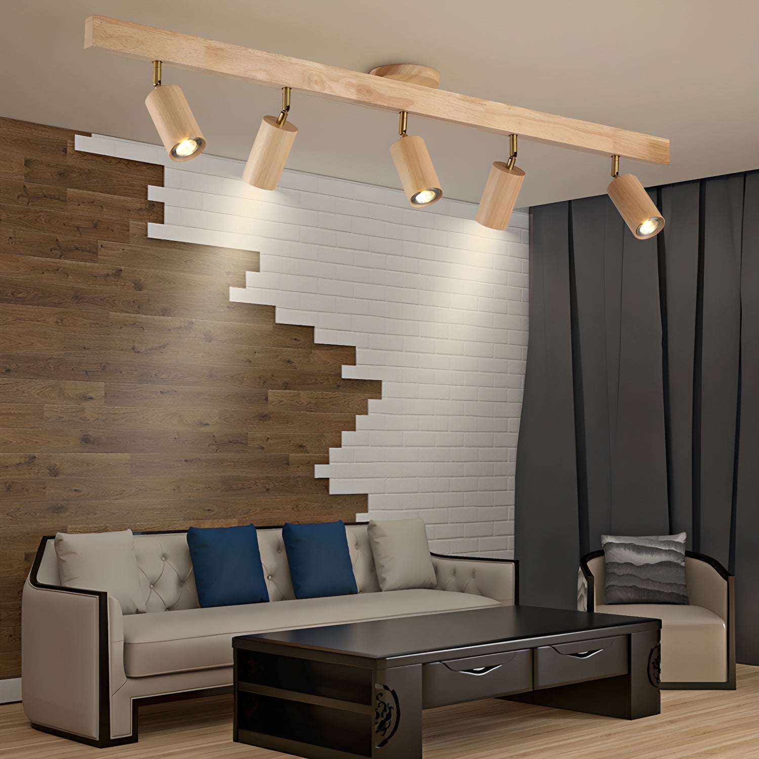 Ceiling Spotlight Track Light Scandinavian with Rotatable Wood Heads and E27 Fitting