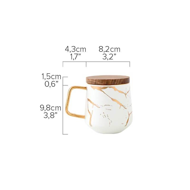 Ceramic Coffee Mug with Wooden Lid and Gold Marble Pattern