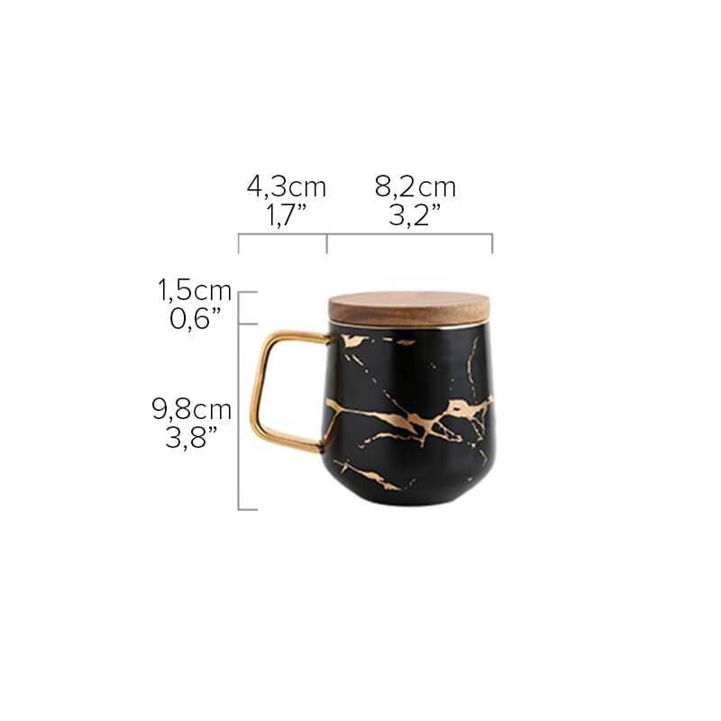Ceramic Coffee Mug with Wooden Lid and Gold Marble Pattern