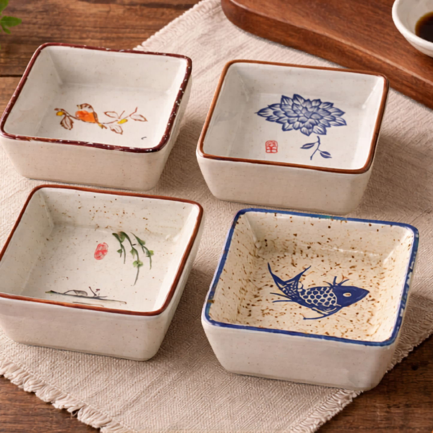 Ceramic Dipping Dish Set of 4 with Japanese Motif Design