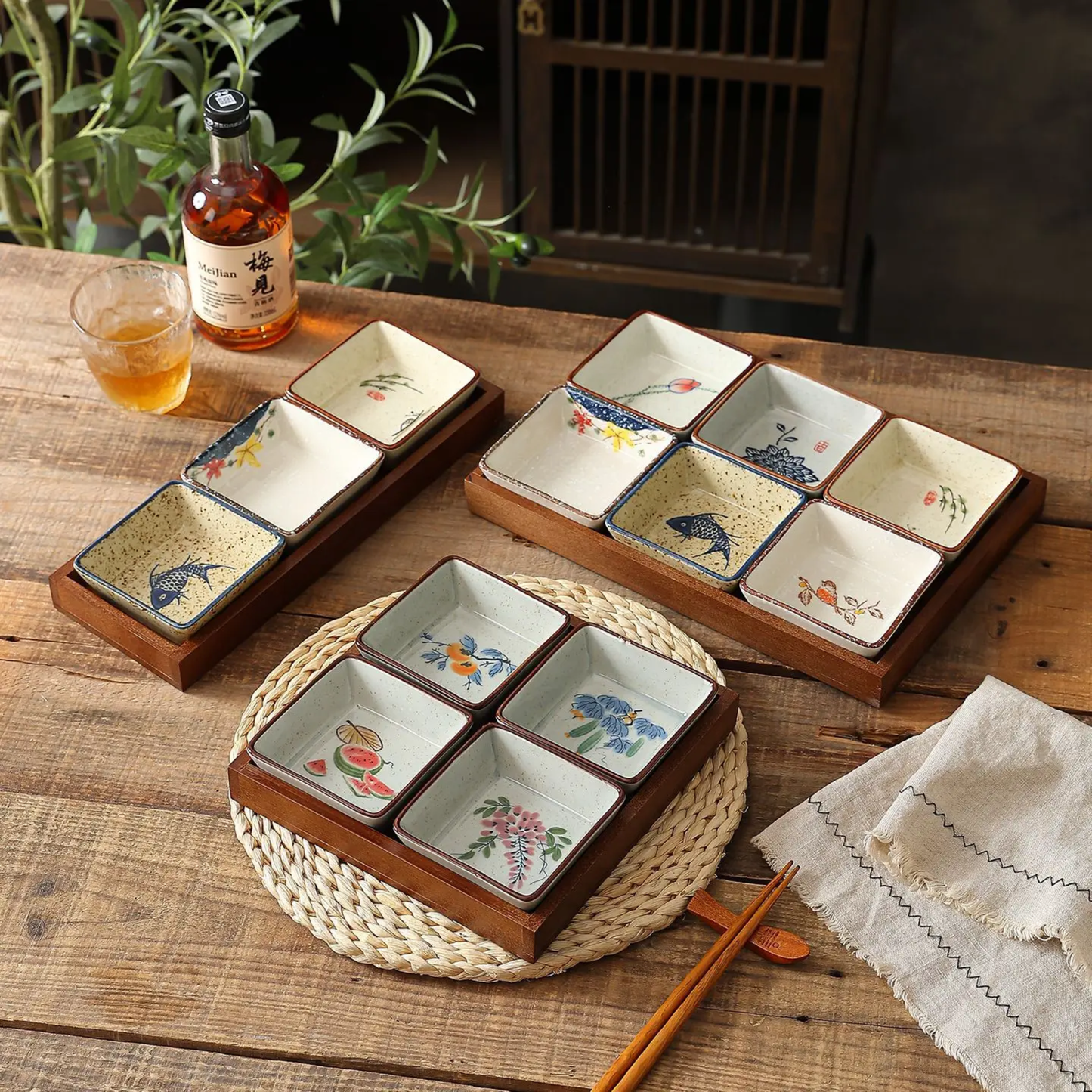 Ceramic Dipping Dish Set of 4 with Japanese Motif Design