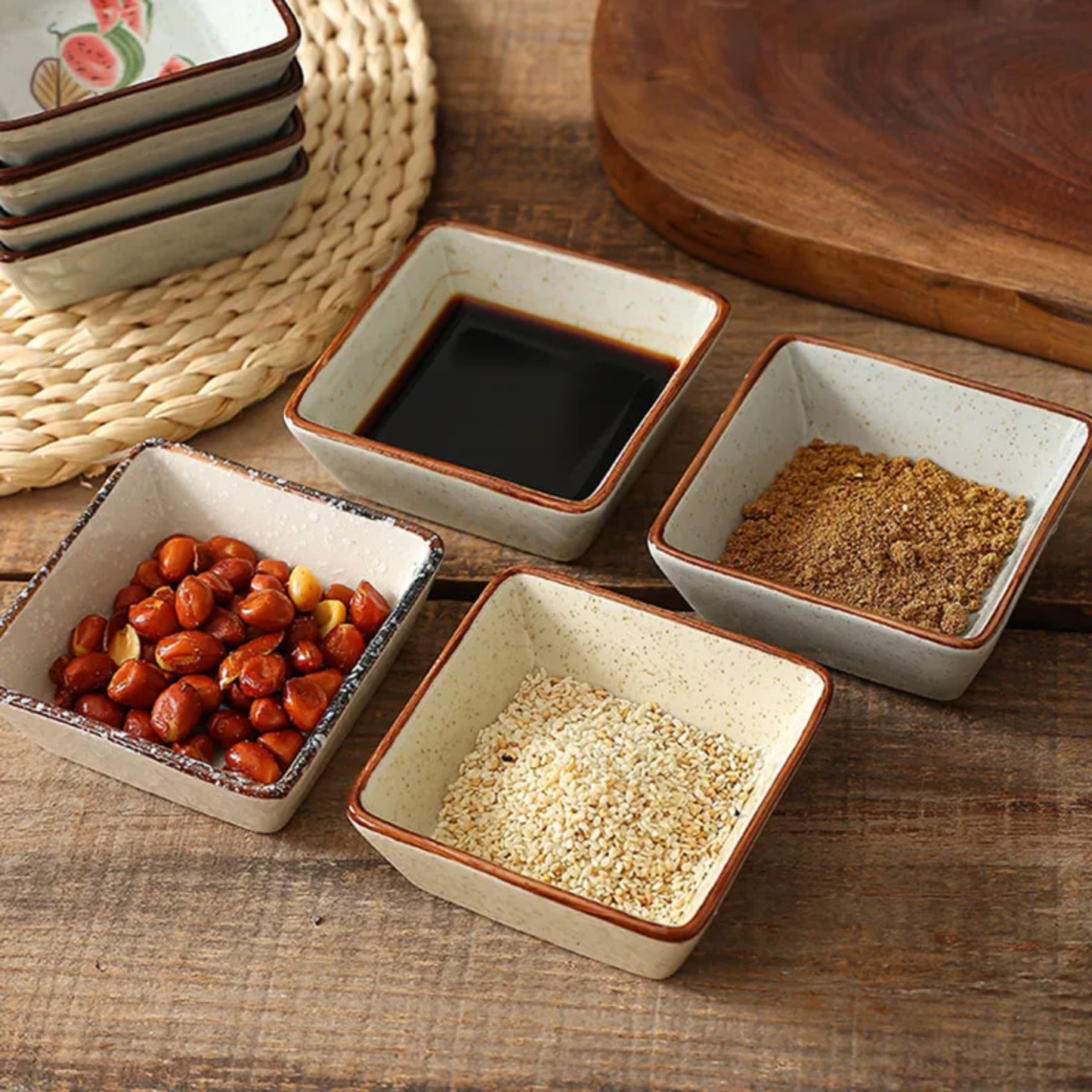Ceramic Dipping Dish Set of 4 with Japanese Motif Design