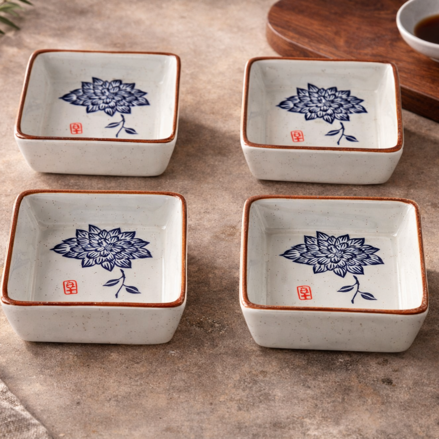 Ceramic Dipping Dish Set of 4 with Japanese Motif Design