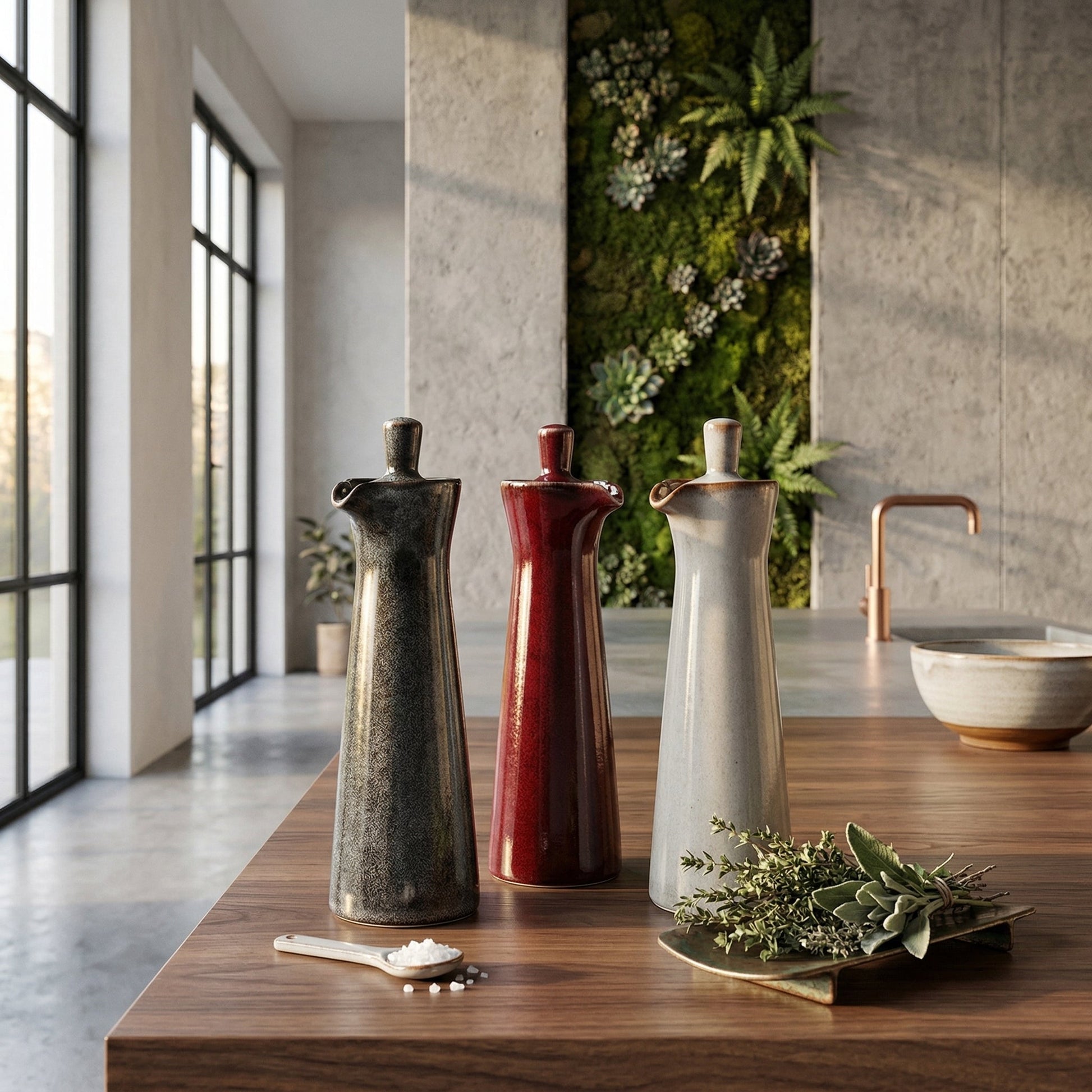 Ceramic Oil and Vinegar Dispenser with Reactive Glaze and Pour Spout