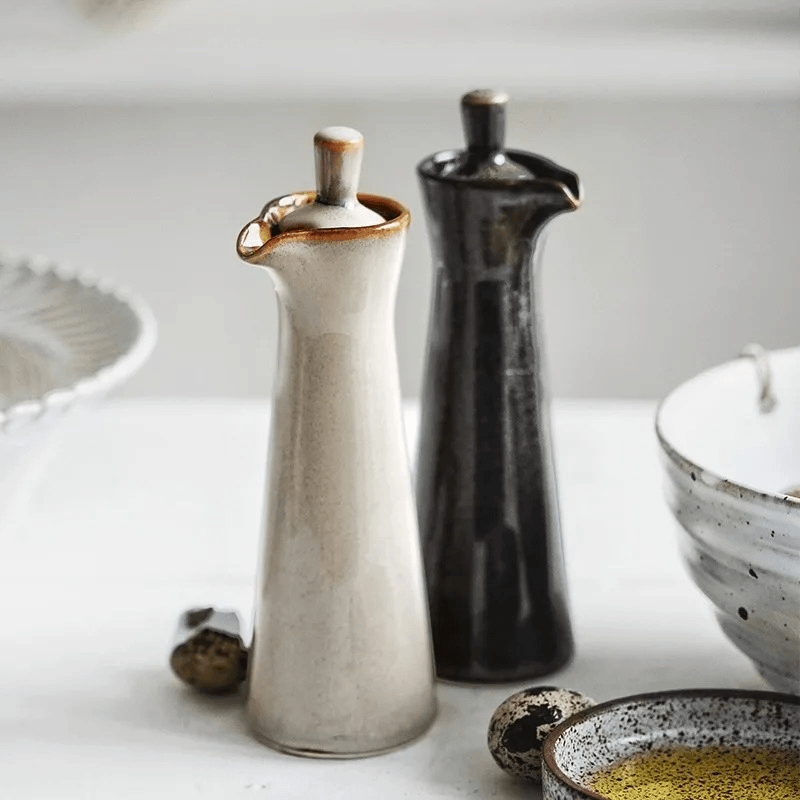 Ceramic Oil and Vinegar Dispenser with Reactive Glaze and Pour Spout