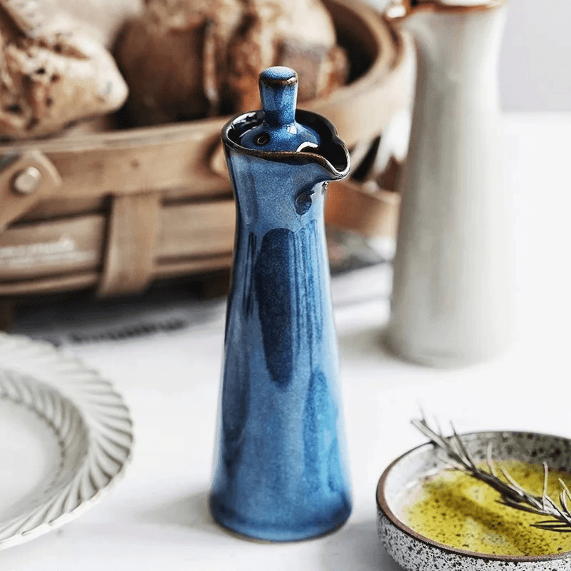 Ceramic Oil and Vinegar Dispenser with Reactive Glaze and Pour Spout