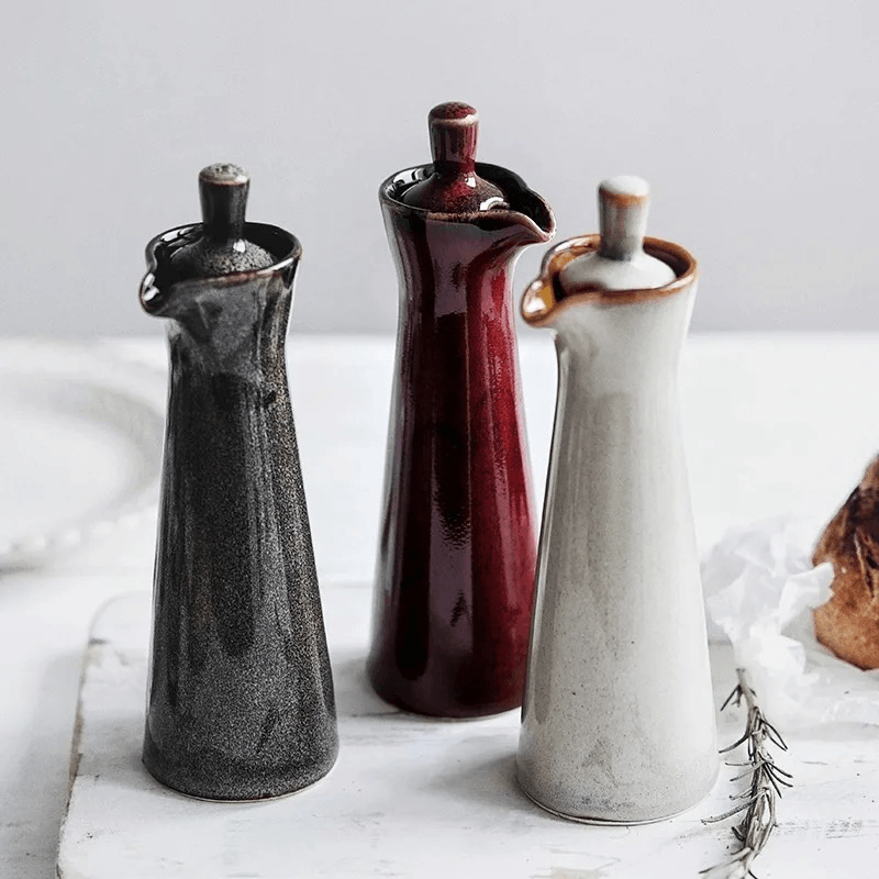 Ceramic Oil and Vinegar Dispenser with Reactive Glaze and Pour Spout