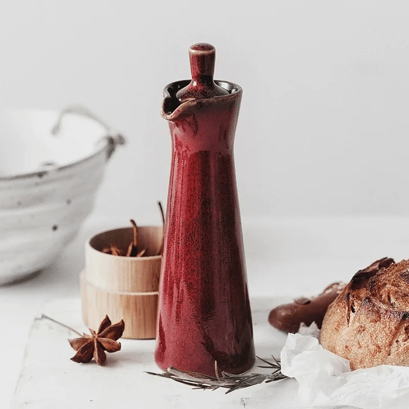 Ceramic Oil and Vinegar Dispenser with Reactive Glaze and Pour Spout