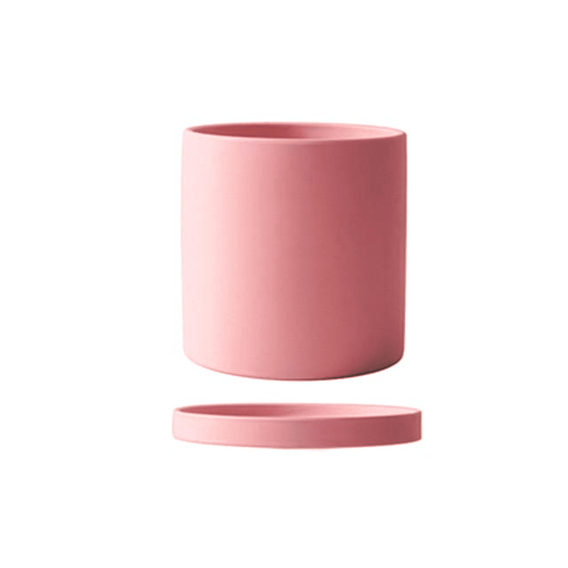 Ceramic Plant Pot with Saucer and Drainage Hole, Minimalist Cylinder Design