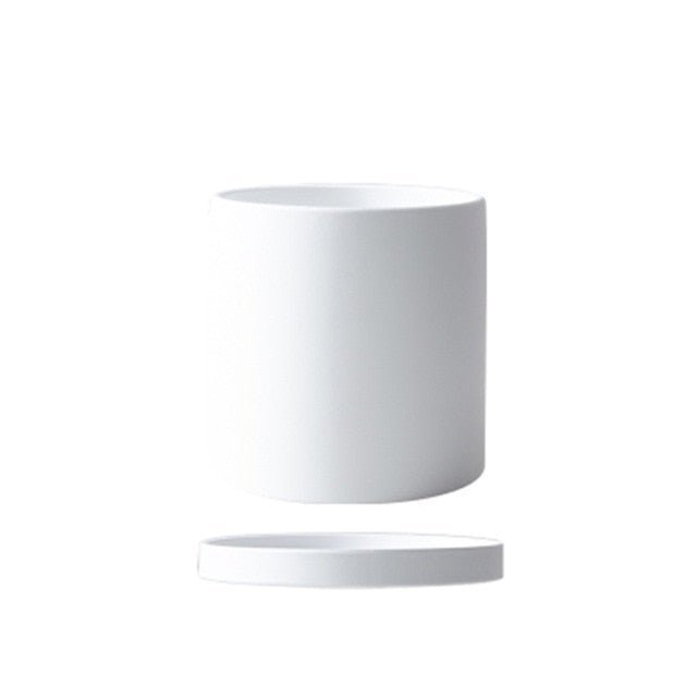 Ceramic Plant Pot with Saucer and Drainage Hole, Minimalist Cylinder Design