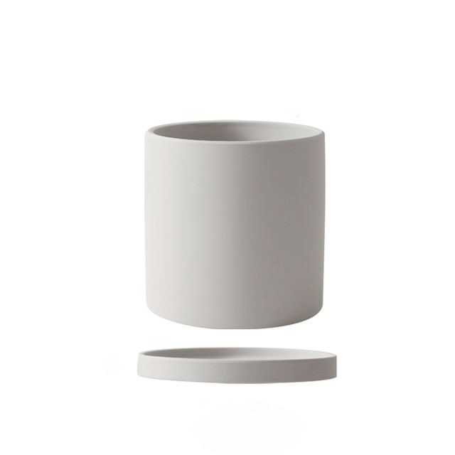 Ceramic Plant Pot with Saucer and Drainage Hole, Minimalist Cylinder Design