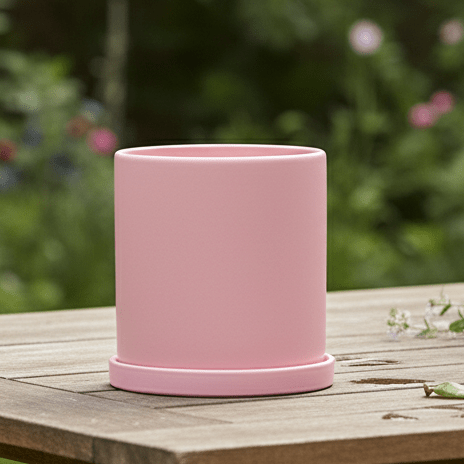 Ceramic Plant Pot with Saucer and Drainage Hole, Minimalist Cylinder Design