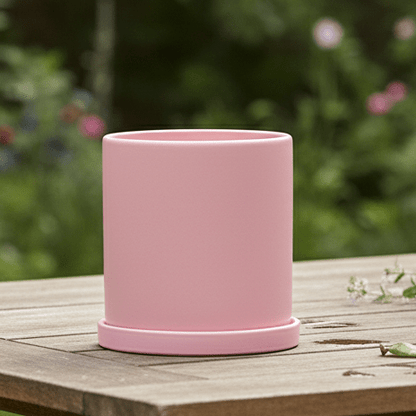 Ceramic Plant Pot with Saucer and Drainage Hole, Minimalist Cylinder Design