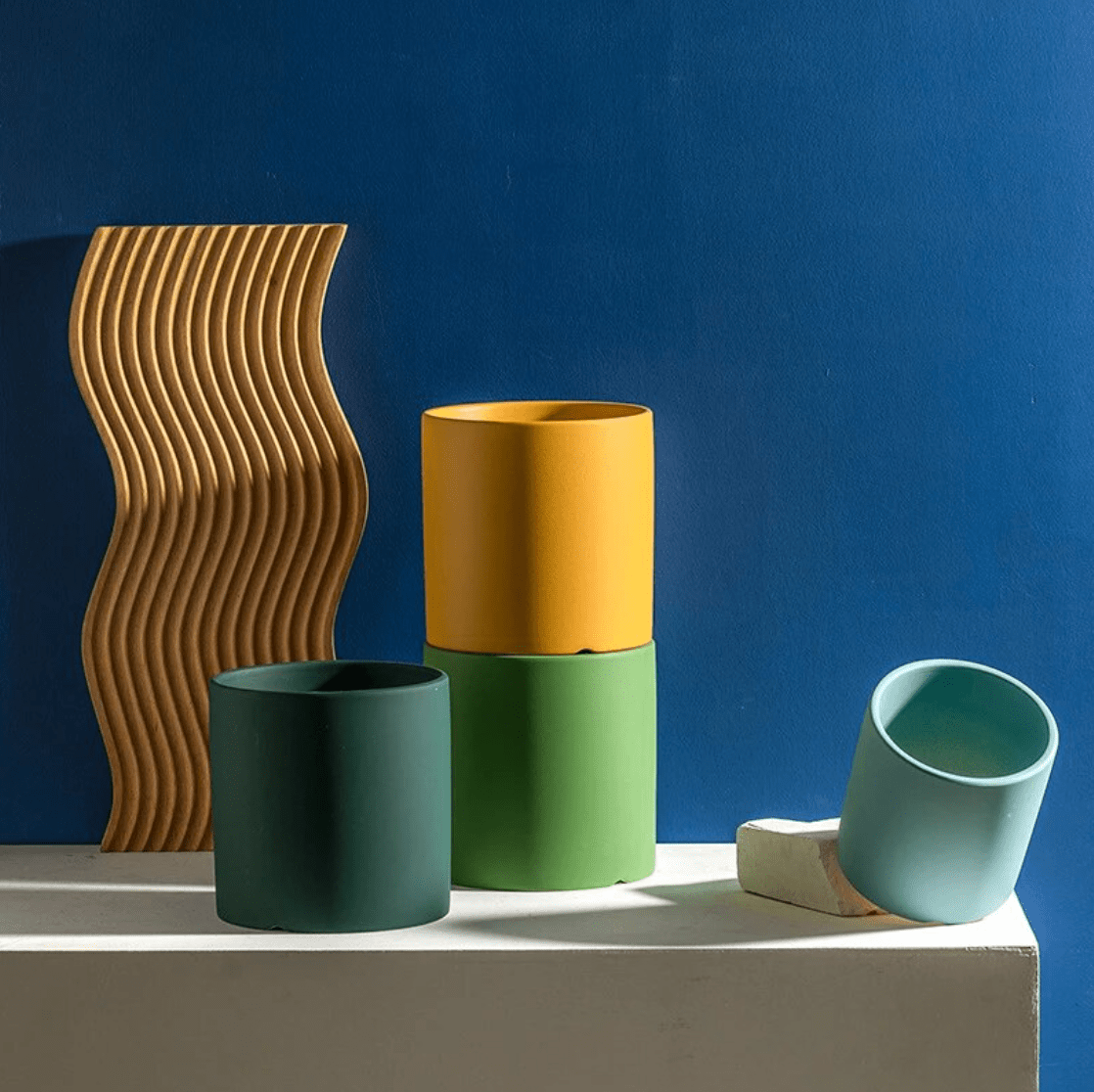 Ceramic Plant Pot with Saucer and Drainage Hole, Minimalist Cylinder Design