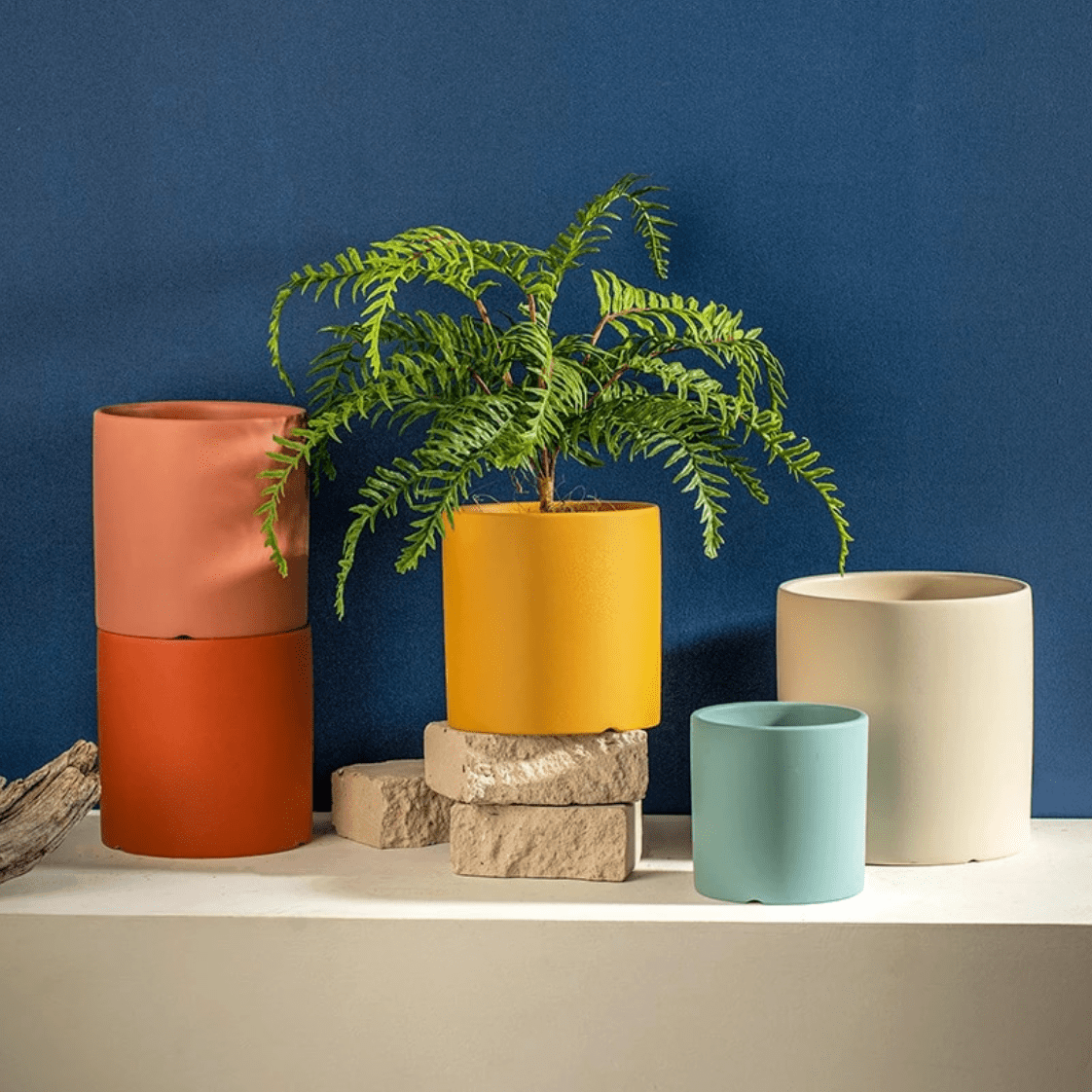 Ceramic Plant Pot with Saucer and Drainage Hole, Minimalist Cylinder Design