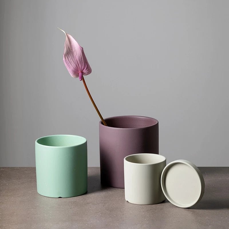 Ceramic Plant Pot with Saucer and Drainage Hole, Minimalist Cylinder Design