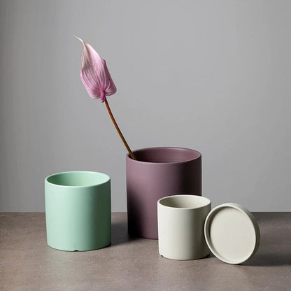 Ceramic Plant Pot with Saucer and Drainage Hole, Minimalist Cylinder Design