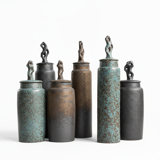 Ceramic Tea Caddy with Sculptural Lid in Wabi-Sabi Stoneware Style