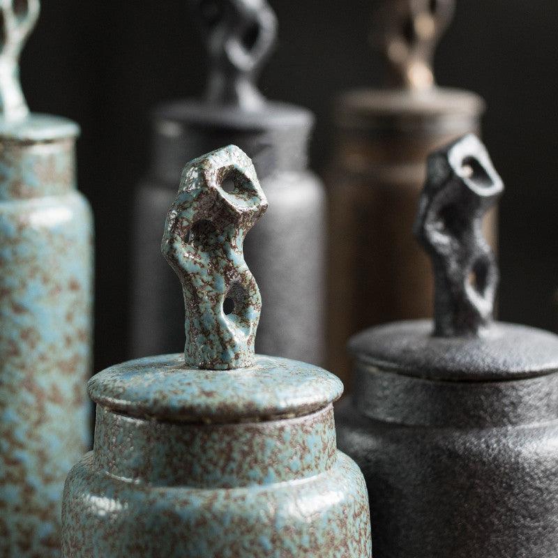 Ceramic Tea Caddy with Sculptural Lid in Wabi-Sabi Stoneware Style