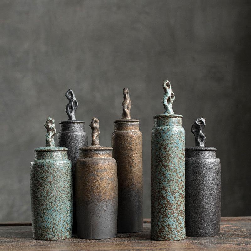 Ceramic Tea Caddy with Sculptural Lid in Wabi-Sabi Stoneware Style