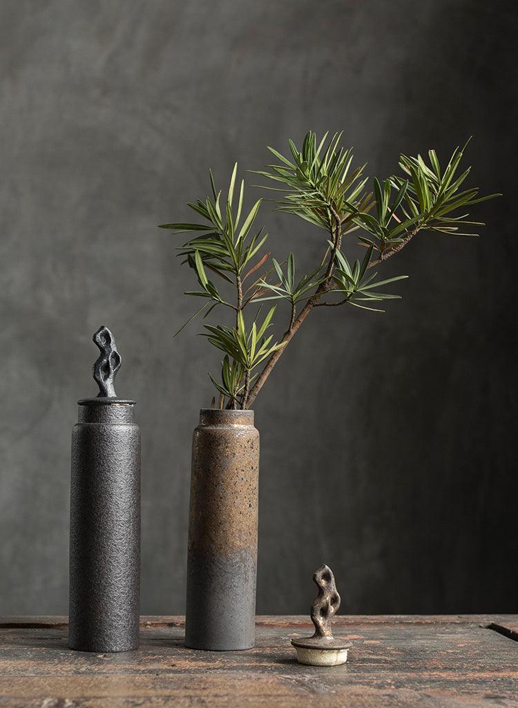 Ceramic Tea Caddy with Sculptural Lid in Wabi-Sabi Stoneware Style