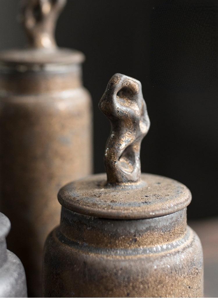 Ceramic Tea Caddy with Sculptural Lid in Wabi-Sabi Stoneware Style