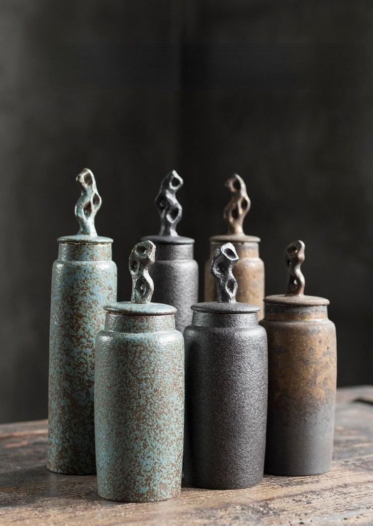 Ceramic Tea Caddy with Sculptural Lid in Wabi-Sabi Stoneware Style