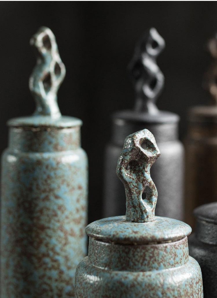 Ceramic Tea Caddy with Sculptural Lid in Wabi-Sabi Stoneware Style