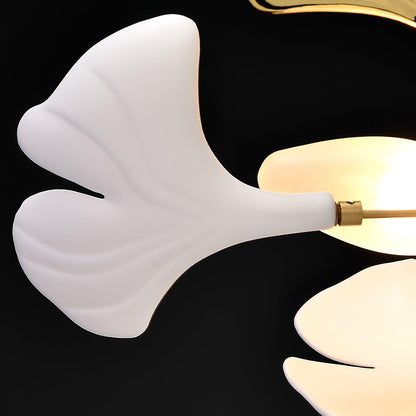 Chandelier Art Deco with Ceramic Ginkgo Leaves and Gold Branches