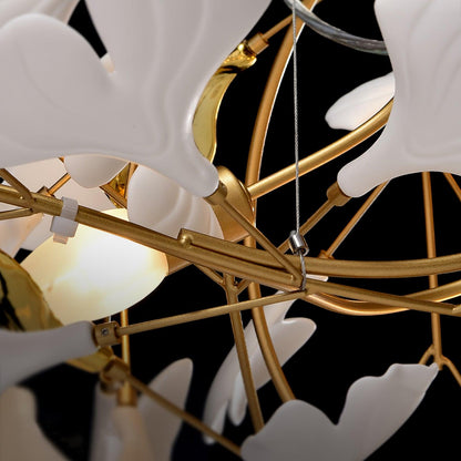 Chandelier Art Deco with Ceramic Ginkgo Leaves and Gold Branches