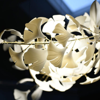 Chandelier Art Deco with Ceramic Ginkgo Leaves and Gold Branches