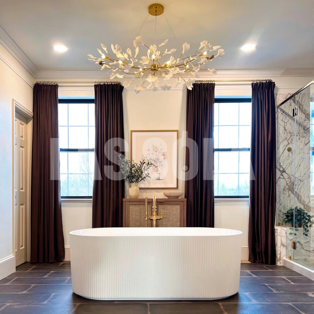 Chandelier Art Deco with Ceramic Ginkgo Leaves and Gold Branches