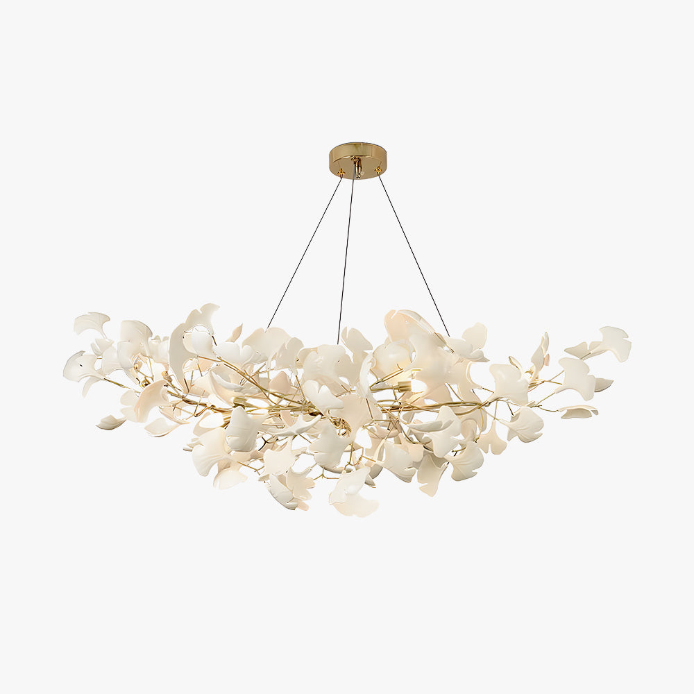 Chandelier Art Deco with Ceramic Ginkgo Leaves and Gold Branches