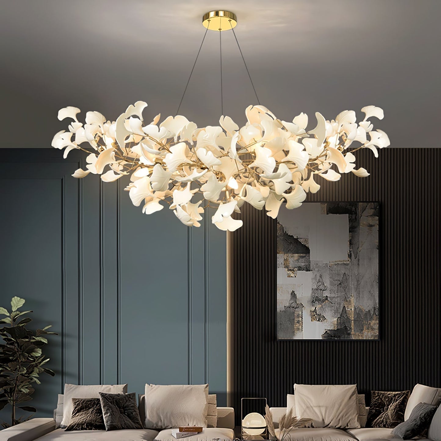Chandelier Art Deco with Ceramic Ginkgo Leaves and Gold Branches