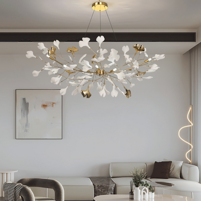 Chandelier Art Deco with Ceramic Ginkgo Leaves and Gold Branches