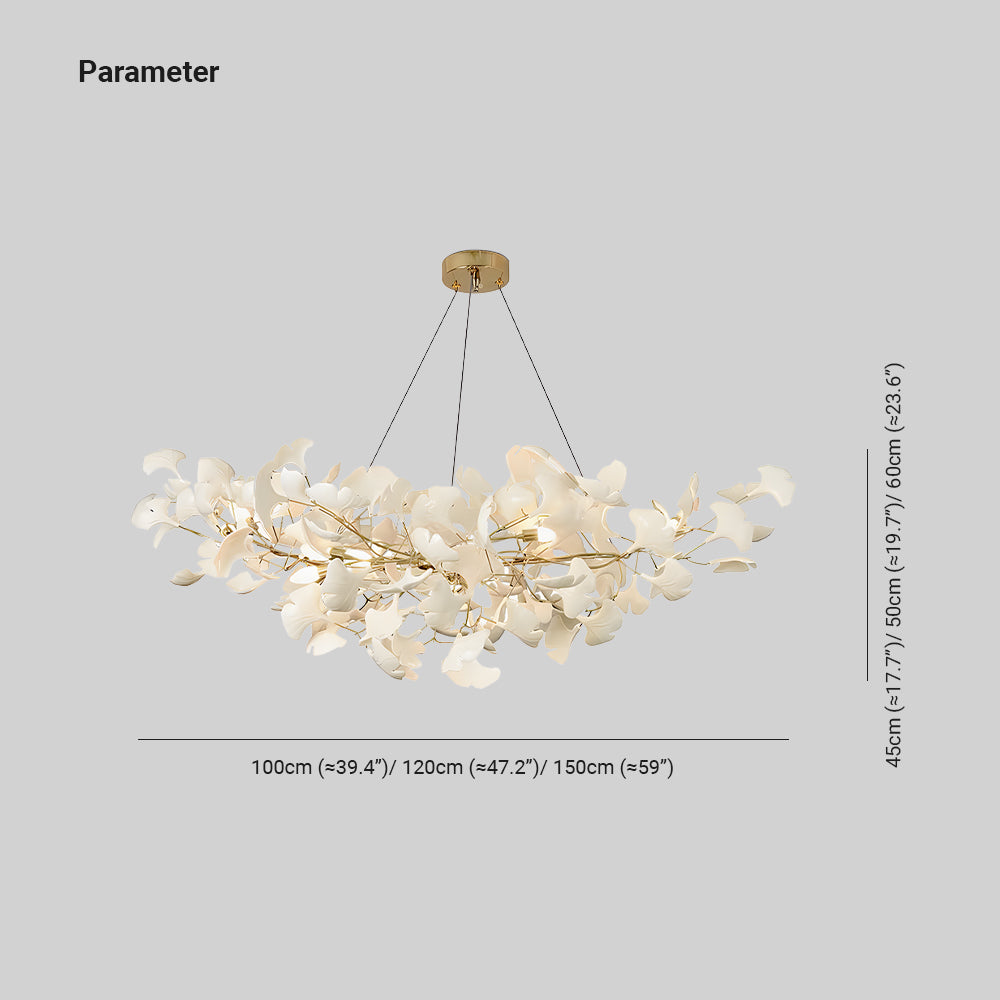 Chandelier Art Deco with Ceramic Ginkgo Leaves and Gold Branches