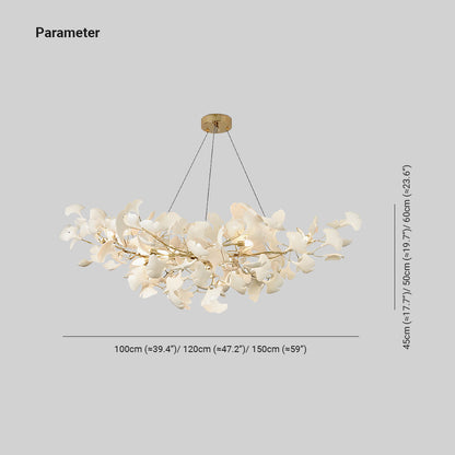 Chandelier Art Deco with Ceramic Ginkgo Leaves and Gold Branches