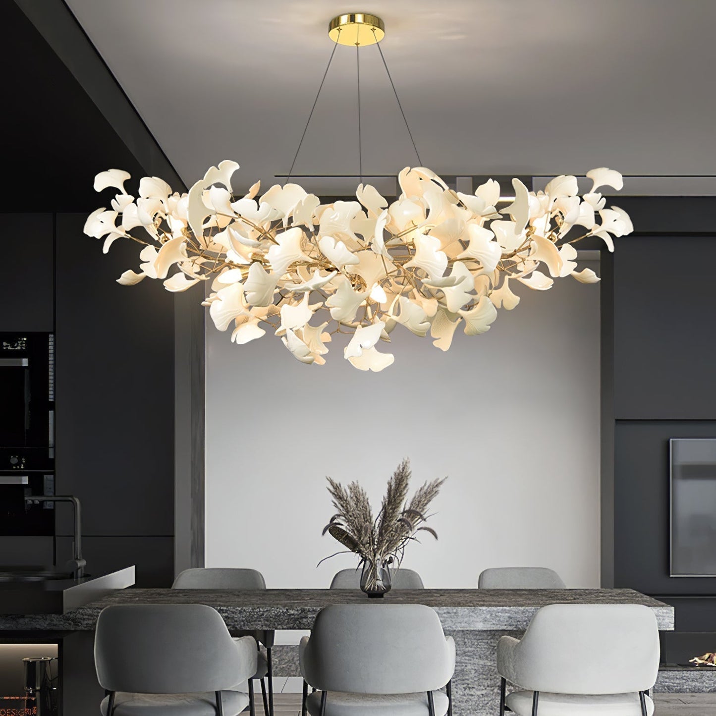 Chandelier Art Deco with Ceramic Ginkgo Leaves and Gold Branches
