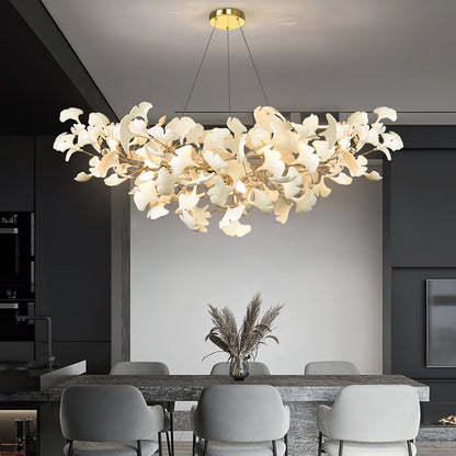 Chandelier Art Deco with Ceramic Ginkgo Leaves and Gold Branches