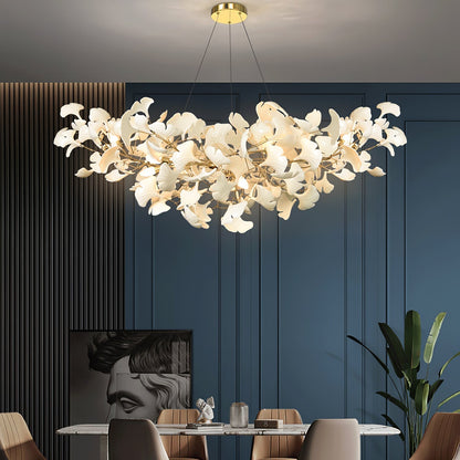 Chandelier Art Deco with Ceramic Ginkgo Leaves and Gold Branches
