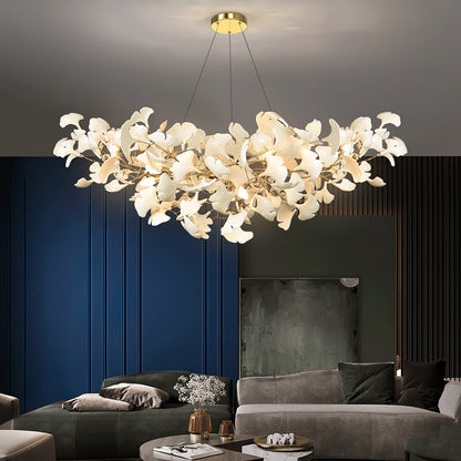 Chandelier Art Deco with Ceramic Ginkgo Leaves and Gold Branches