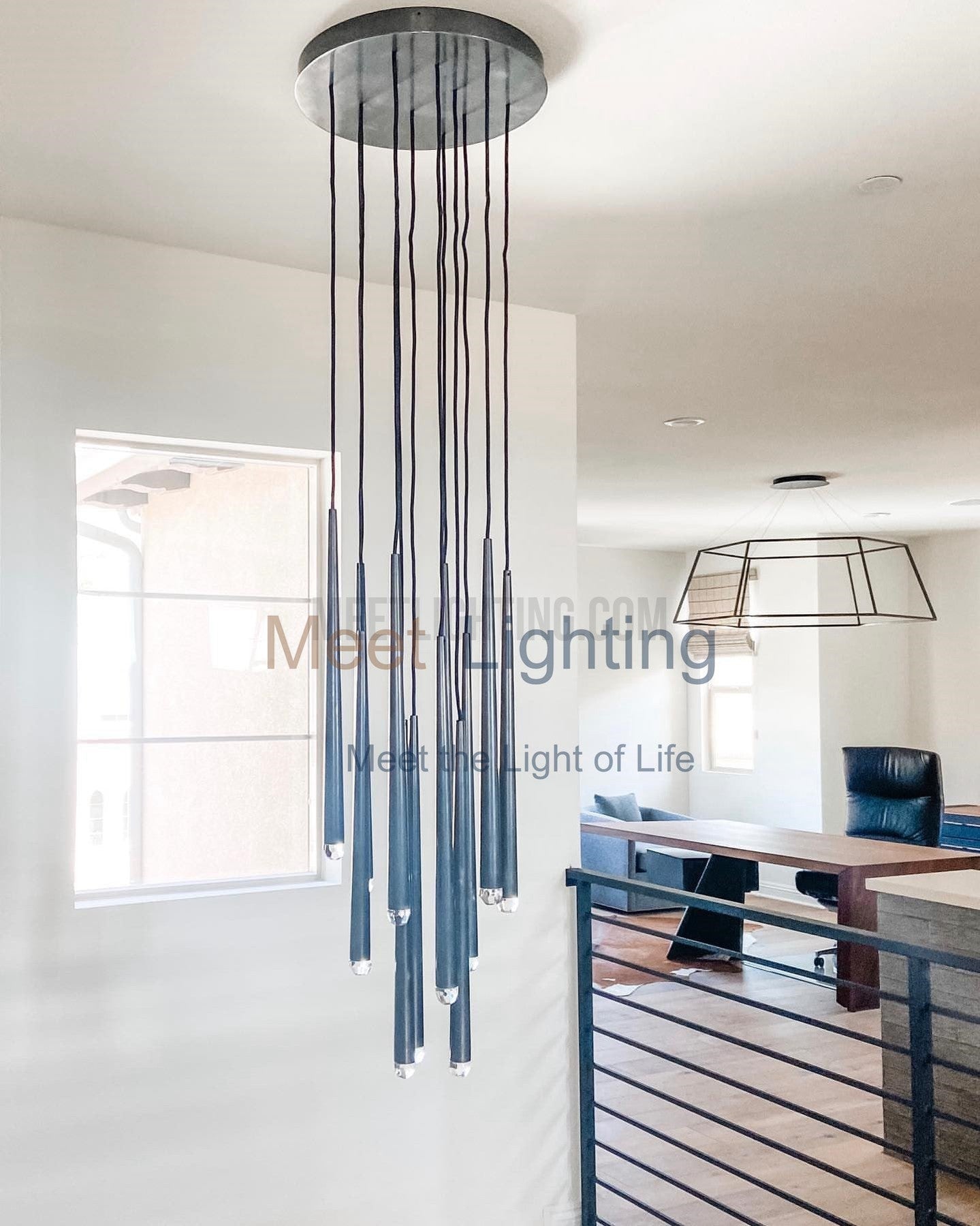Chandelier Modern with Tubular Pendants and Round Canopy, 12 Lights