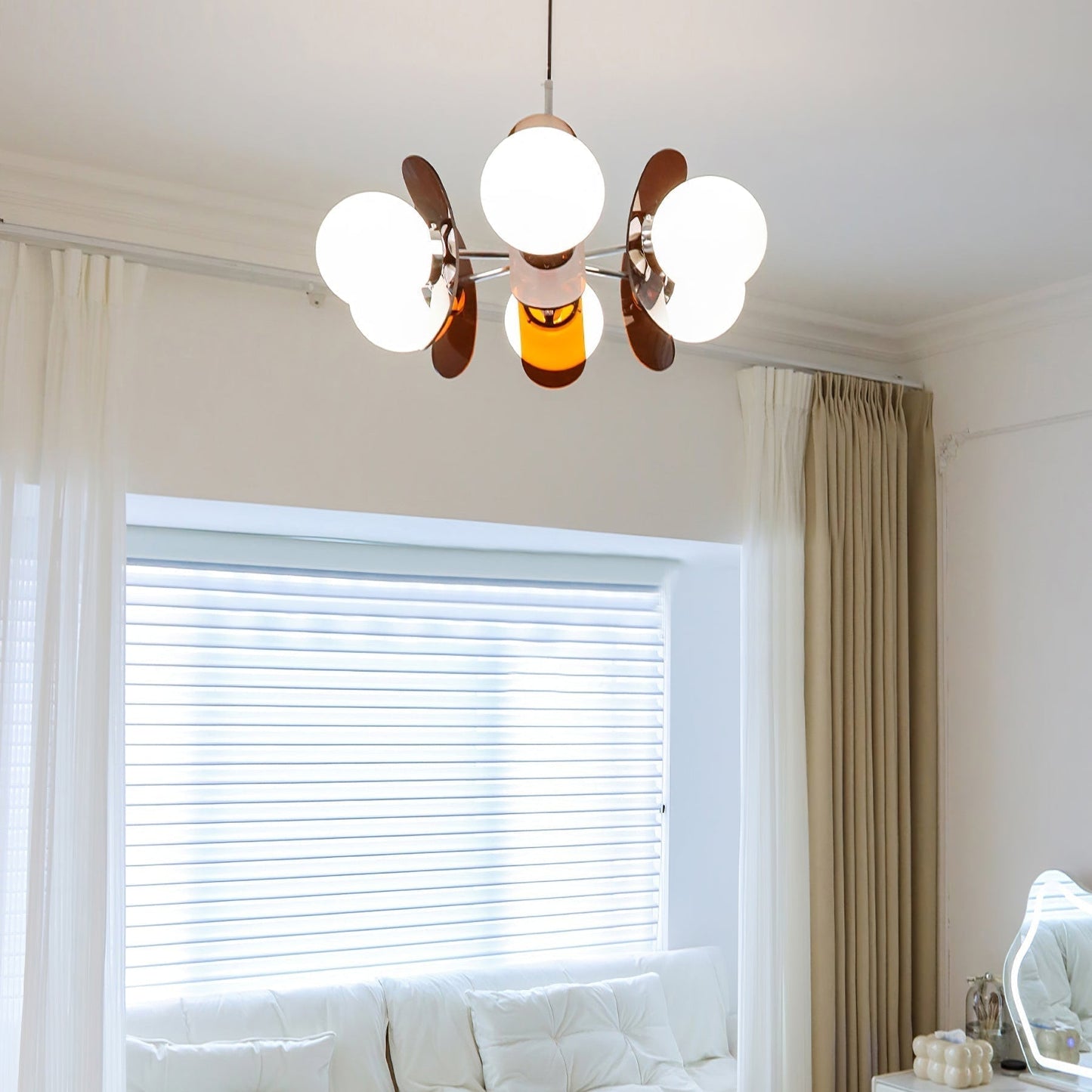Chandelier Retro with Floral Acrylic Panels and Globe Shades