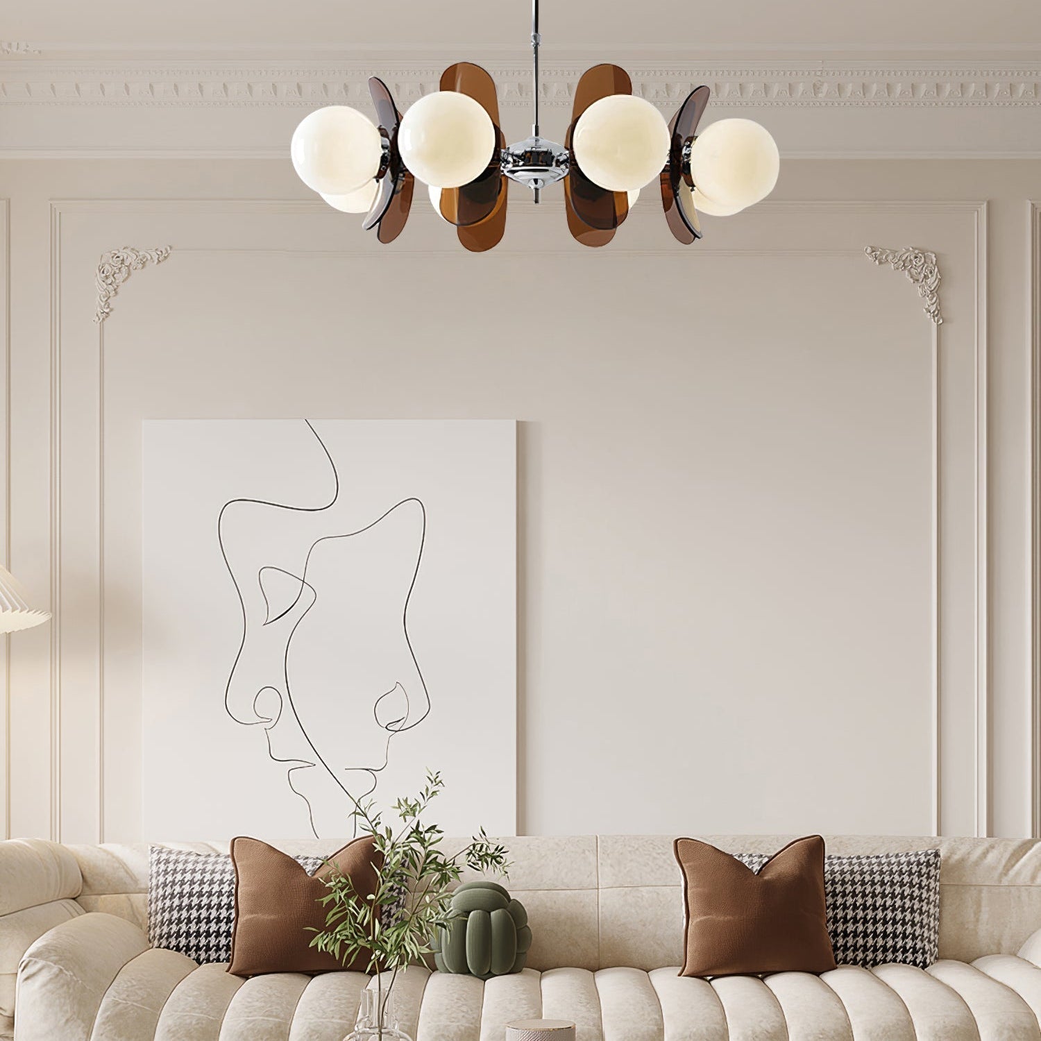 Chandelier Retro with Floral Acrylic Panels and Globe Shades