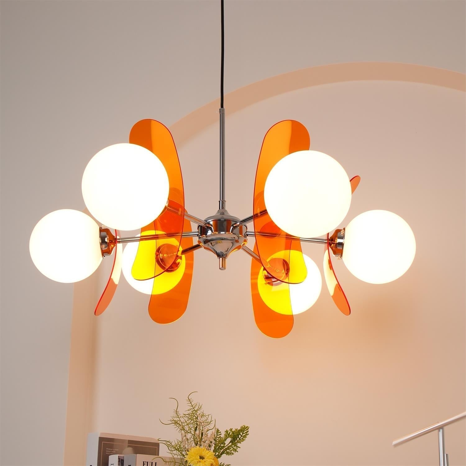 Chandelier Retro with Floral Acrylic Panels and Globe Shades