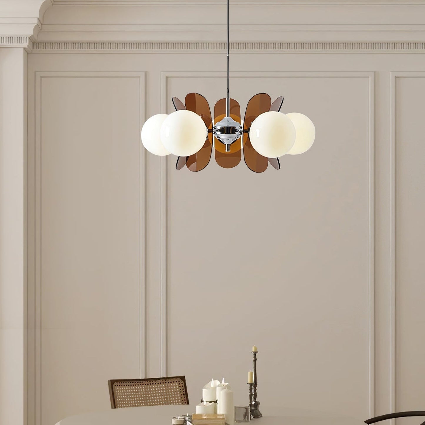 Chandelier Retro with Floral Acrylic Panels and Globe Shades